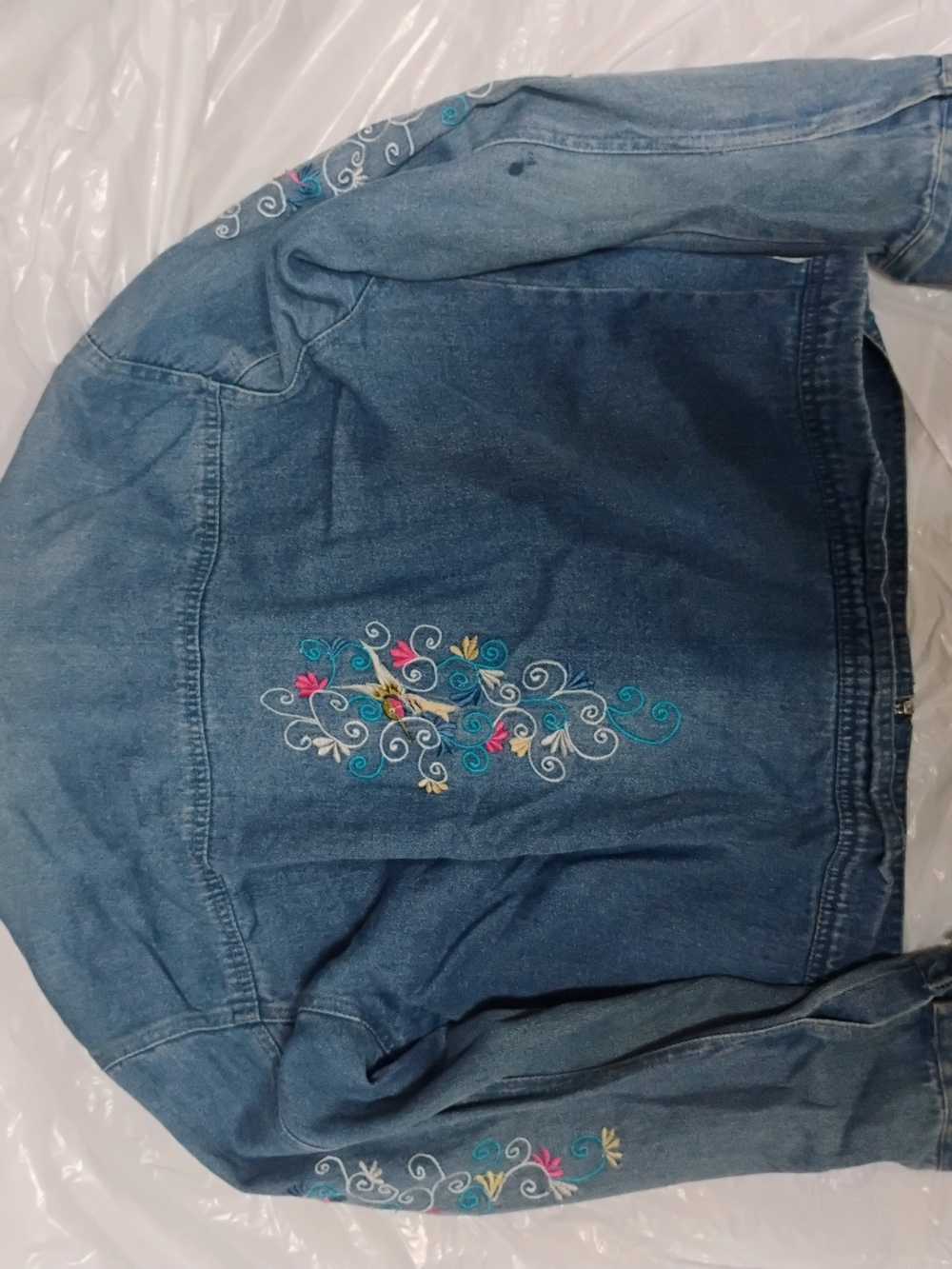Passion Embroidered Blue Denim Jacket - Floral Scroll Detail